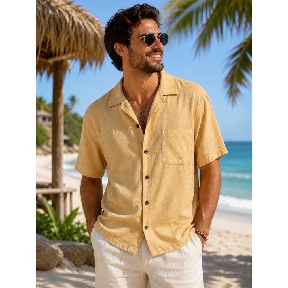 Tommy Bahama Mens Yellow 100% Silk Jacquard Palm Tree Camp Shirt M Short Sleeve
